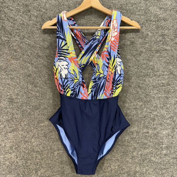 New Sea Angel Swimsuit Women L Large Blue Floral One Piece V-Neck Push Up Lined - Picture 1 of 7